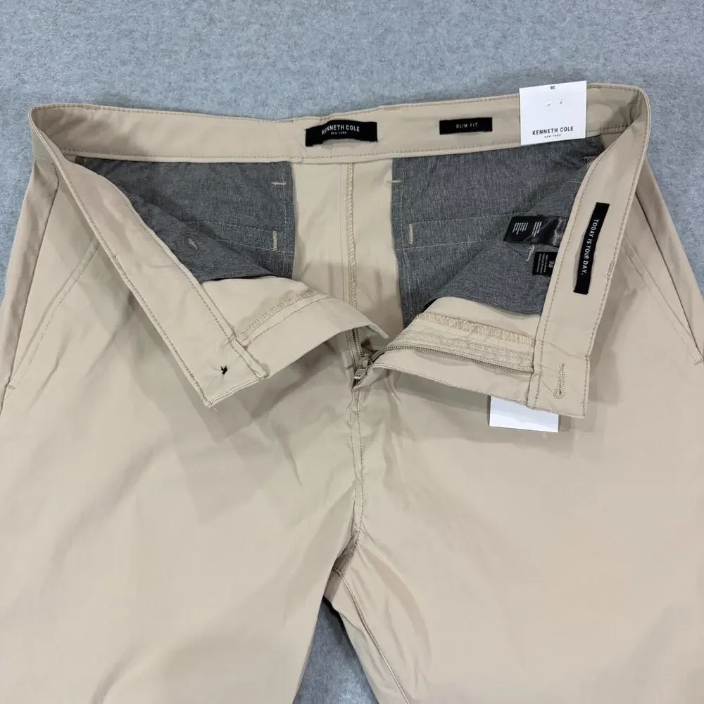 Kenneth Cole Mens 38x8 Slim Fit Tech Shorts Classic Khaki Stretch Flat Front NWT